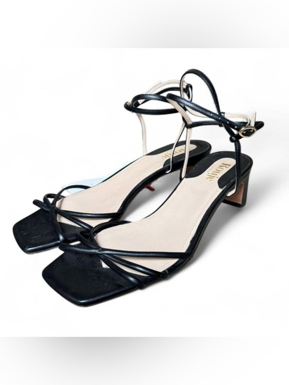 Rouje black leather strappy sandals square toe low kitten heel yolande size 39